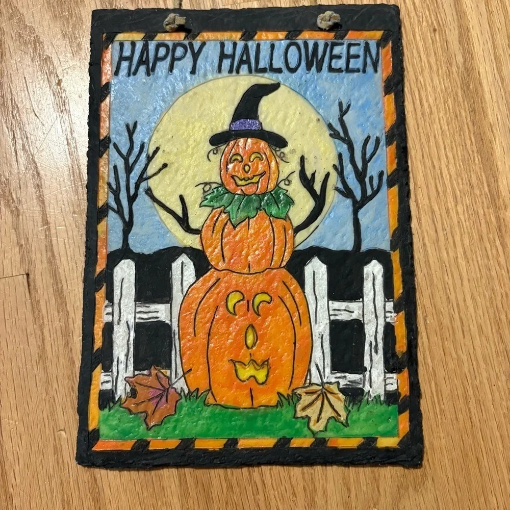 Vintage Halloween Pumpkin Painted Slate Stone Sign Hanging Decor Orange Black